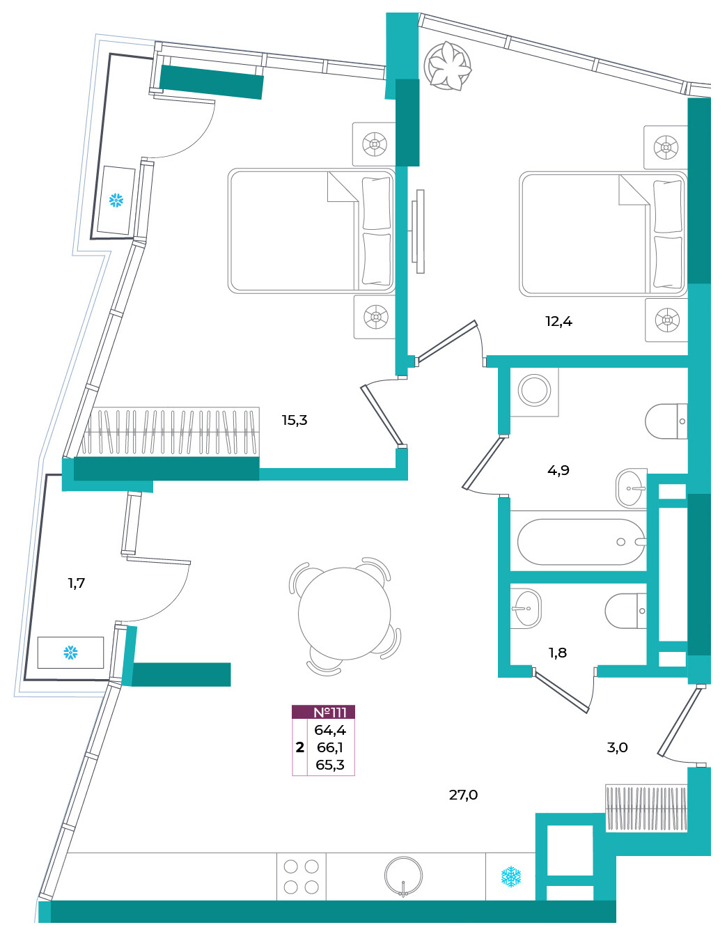 Планировка: 2-комнатная · 65,3 м²