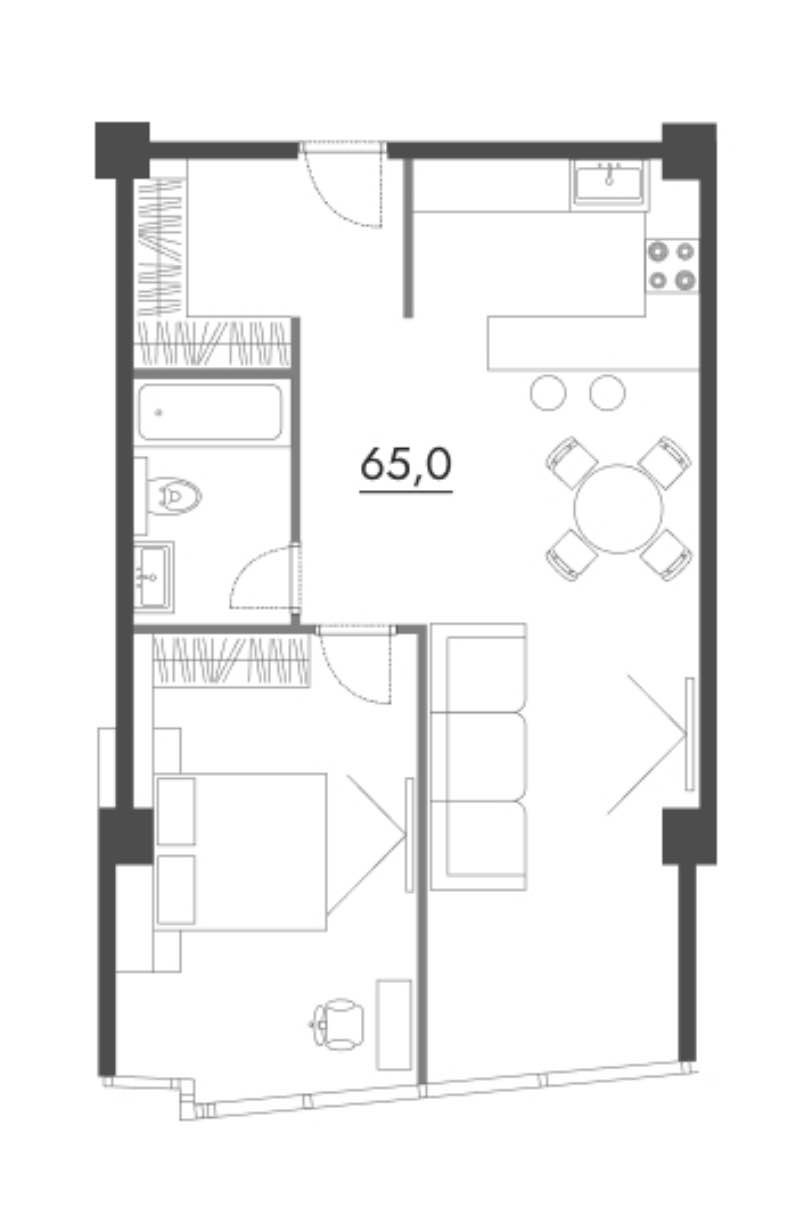 Планировка: 2-комнатная · 65 м²
