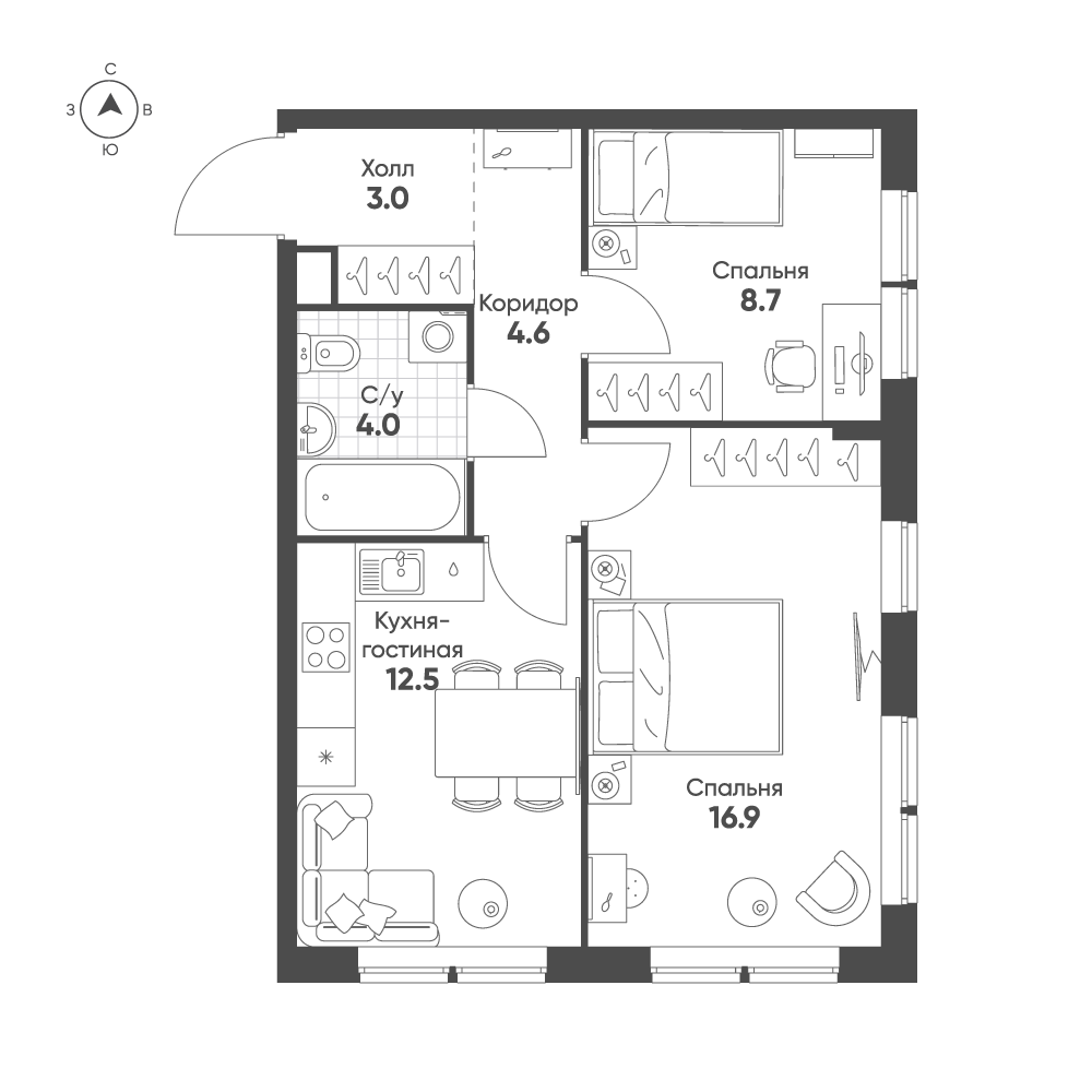 Планировка: 2-комнатная · 49,7 м²