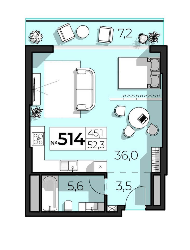Планировка: 2-комнатная · 52,3 м²