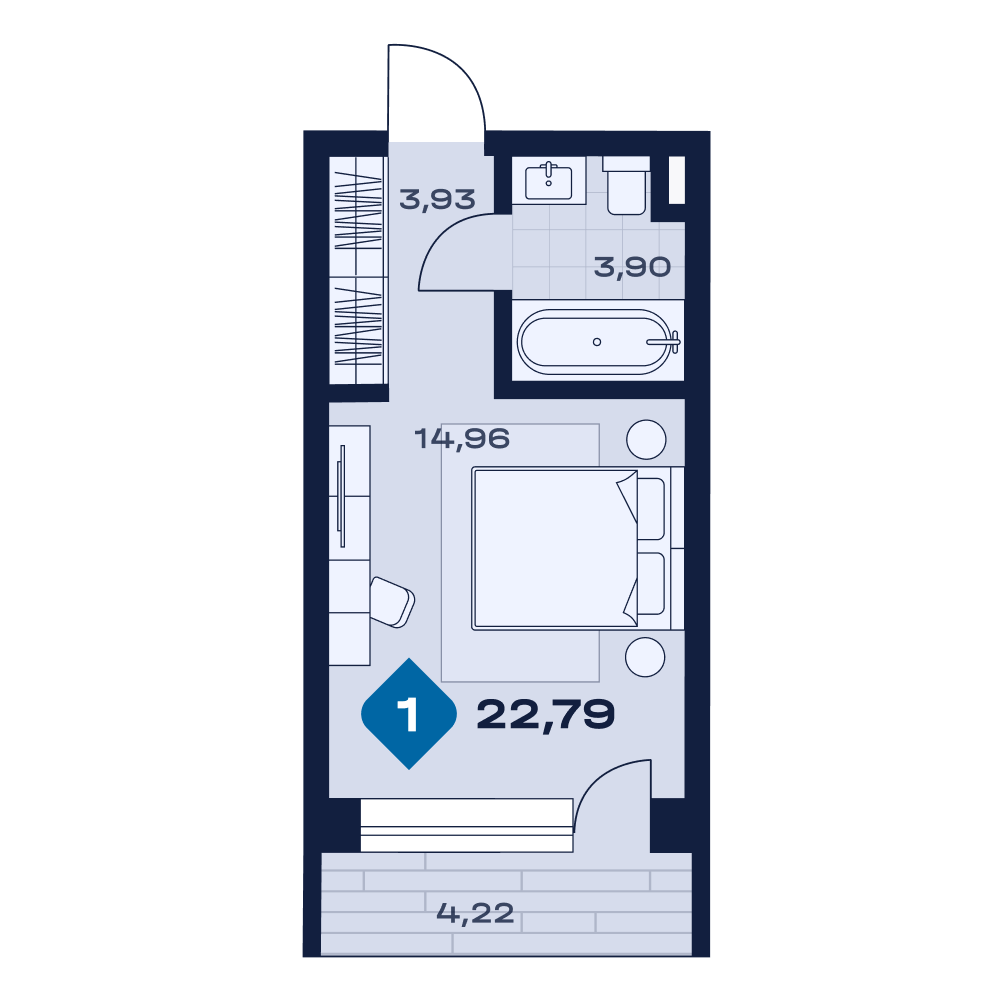 Планировка: 1-комнатная · 22,79 м²