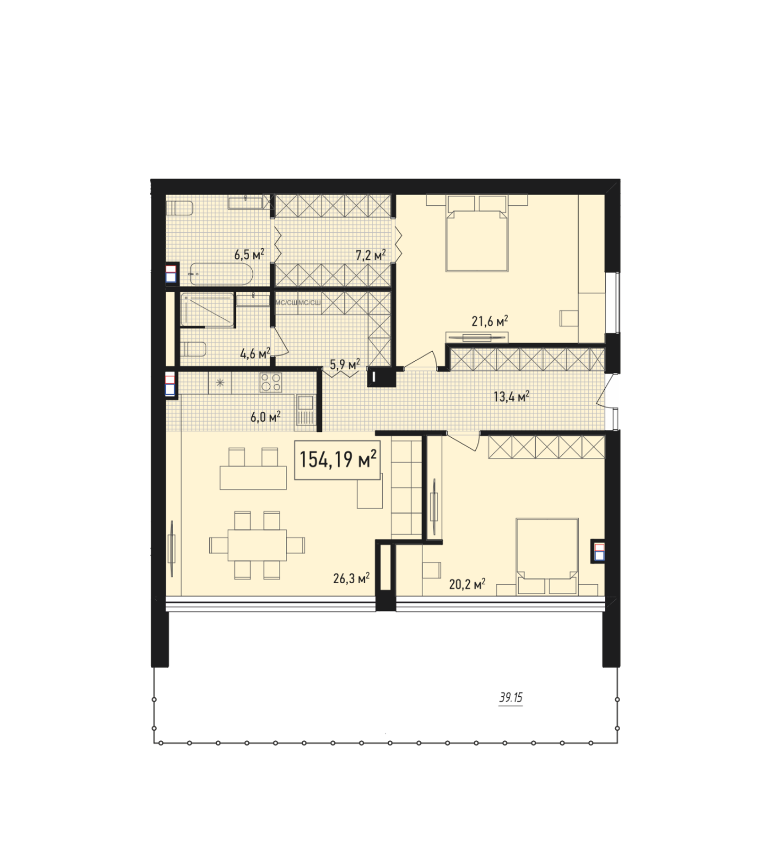 Планировка: 3-комнатная · 154,7 м²