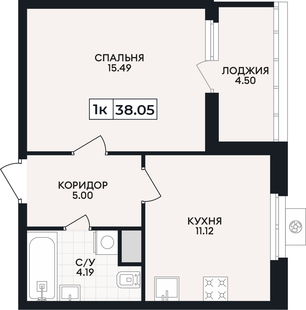 Планировка: 1-комнатная · 38,05 м²