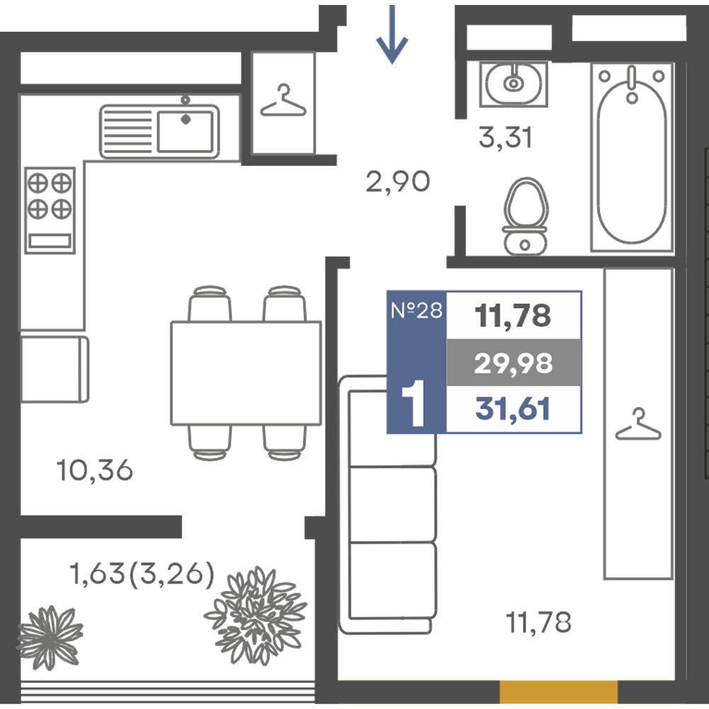 Планировка: 1-комнатная · 29,98 м²