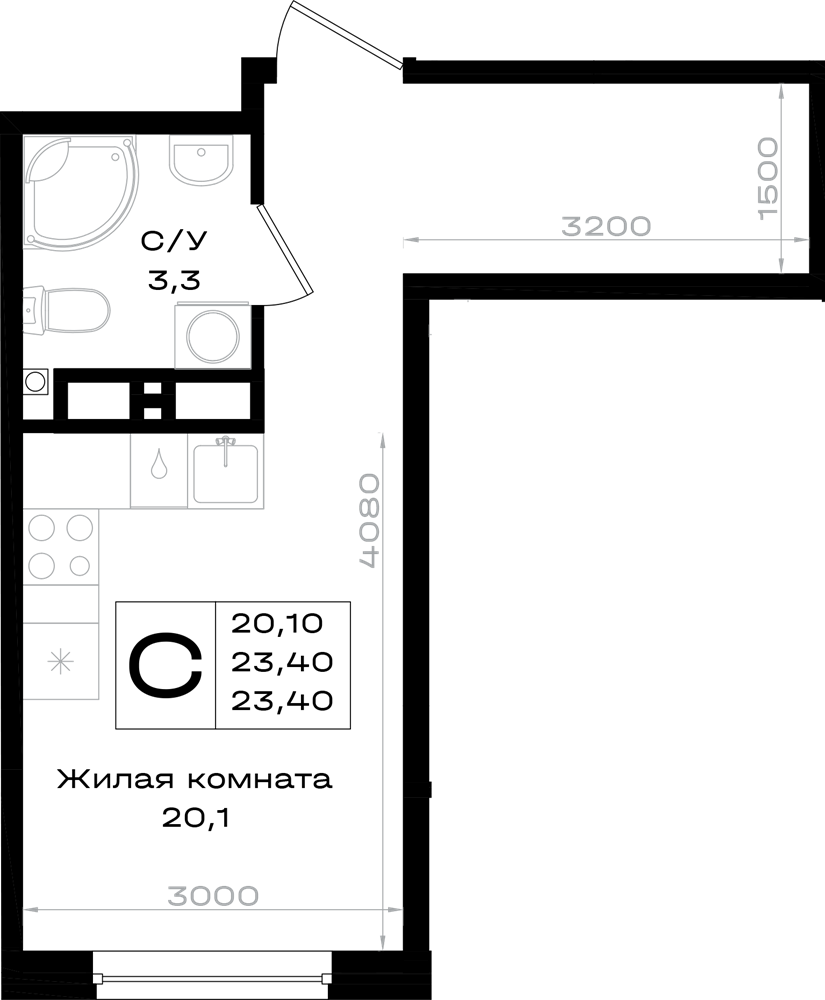 Планировка: Студия · 23,4 м²