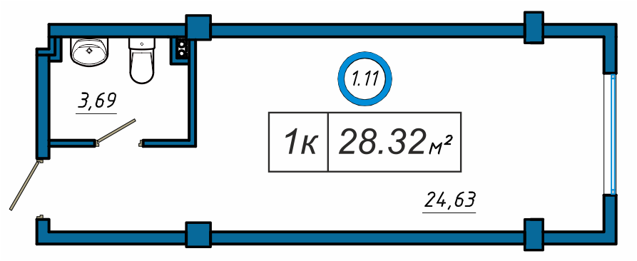 Планировка: 1-комнатная · 28,32 м²