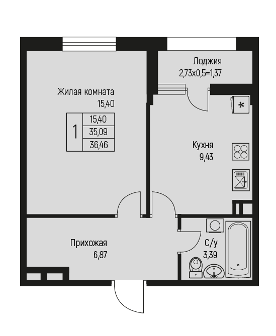 Планировка: 1-комнатная · 36,46 м²