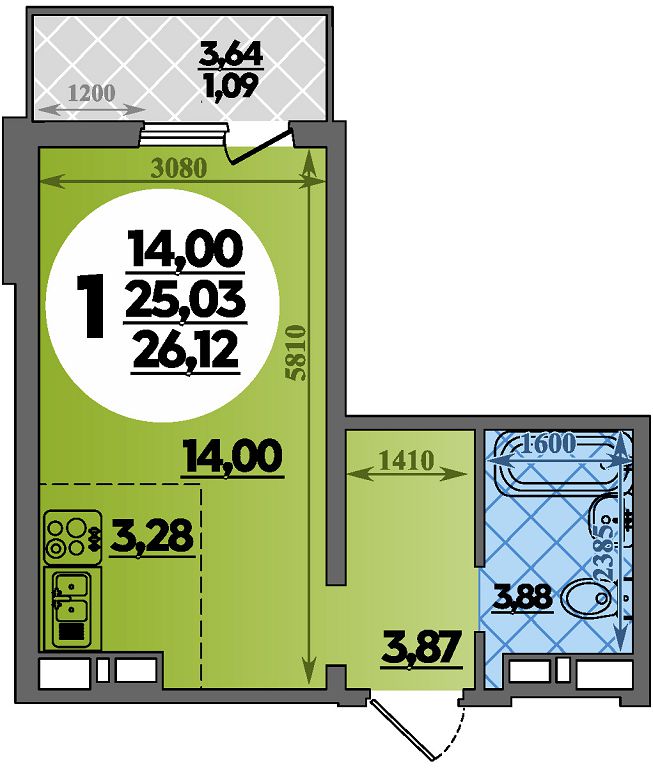Планировка: Студия · 26,12 м²