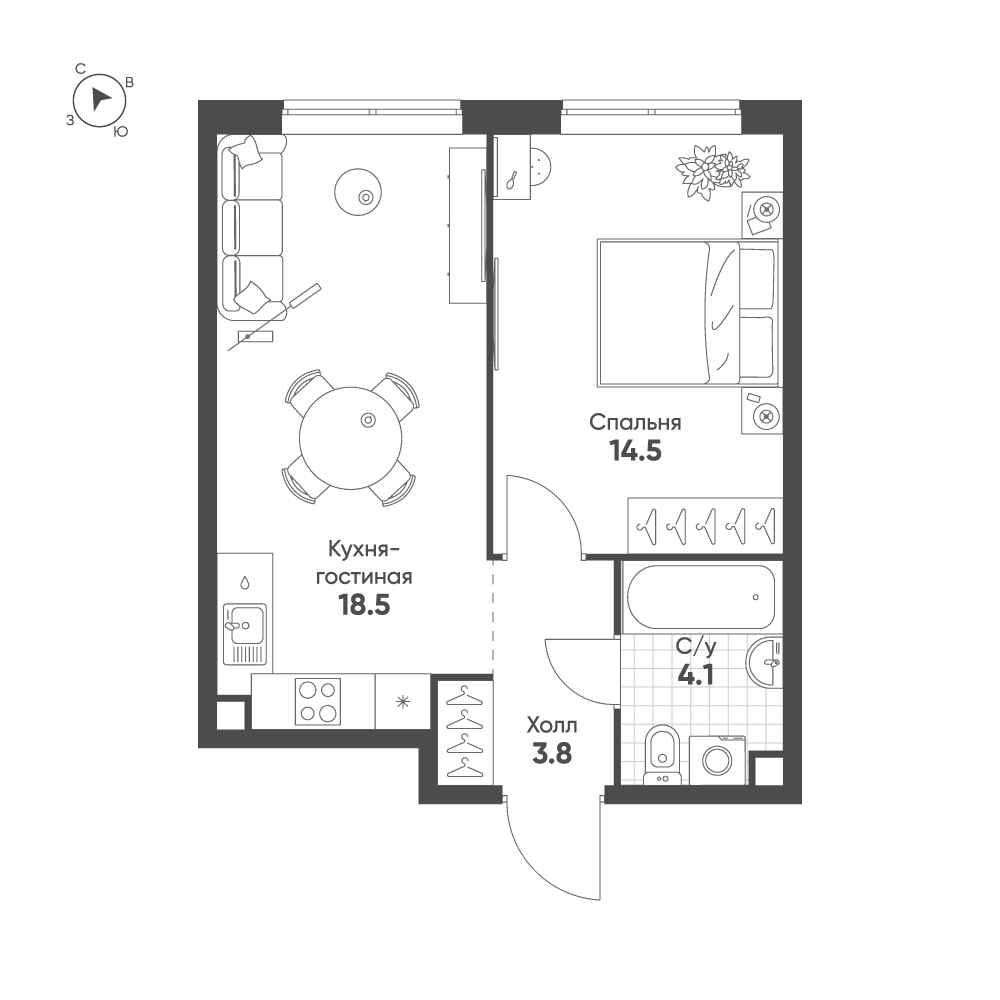 Планировка: 1-комнатная · 40,9 м²