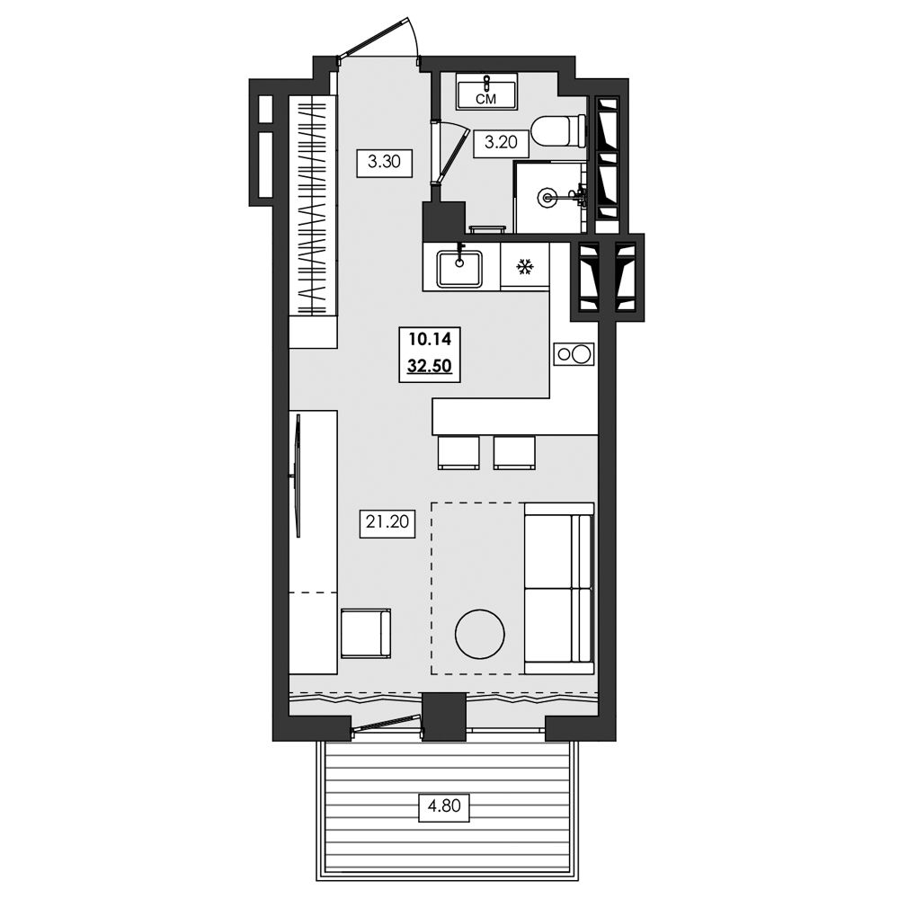 Планировка: Апартаменты · 32,5 м²