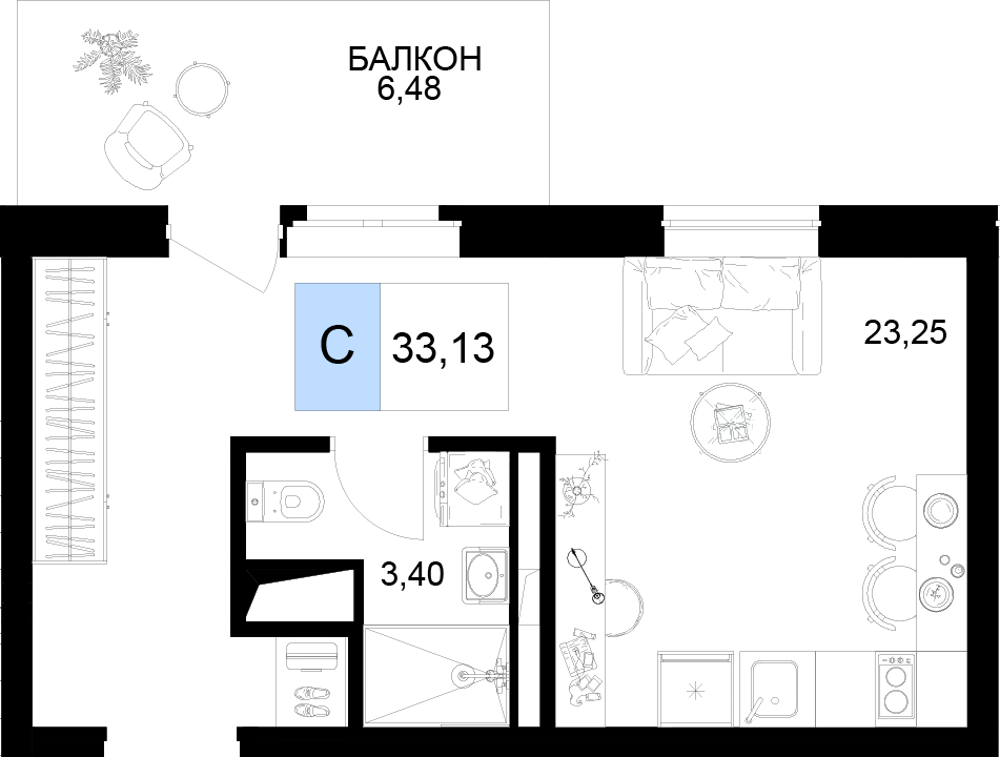 Планировка: Студия · 33,13 м²