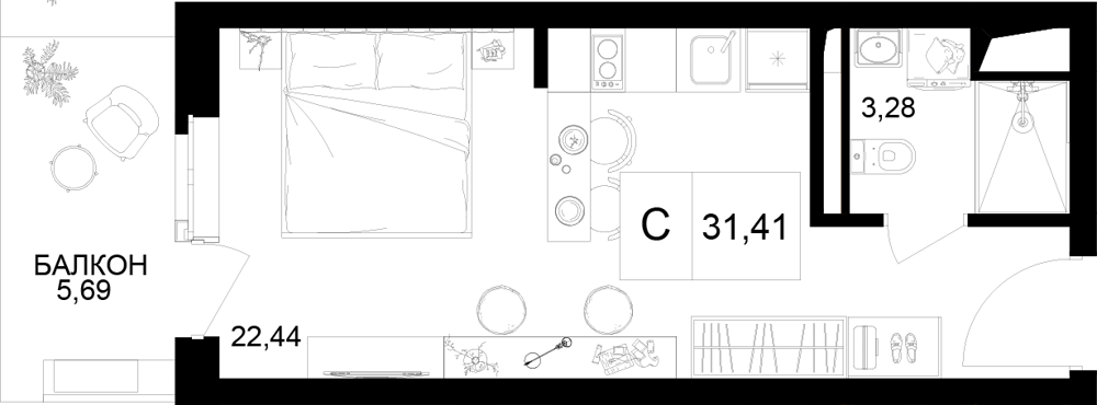 Планировка: Студия · 31,41 м²