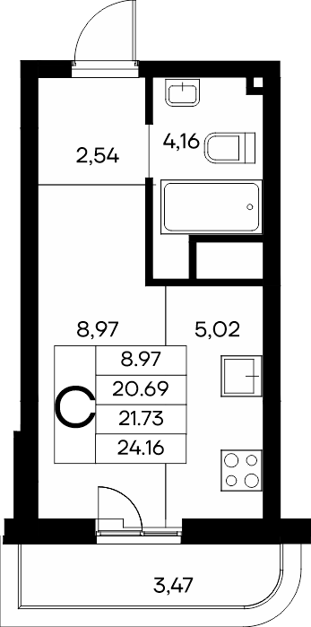 Планировка: Студия · 24,16 м²