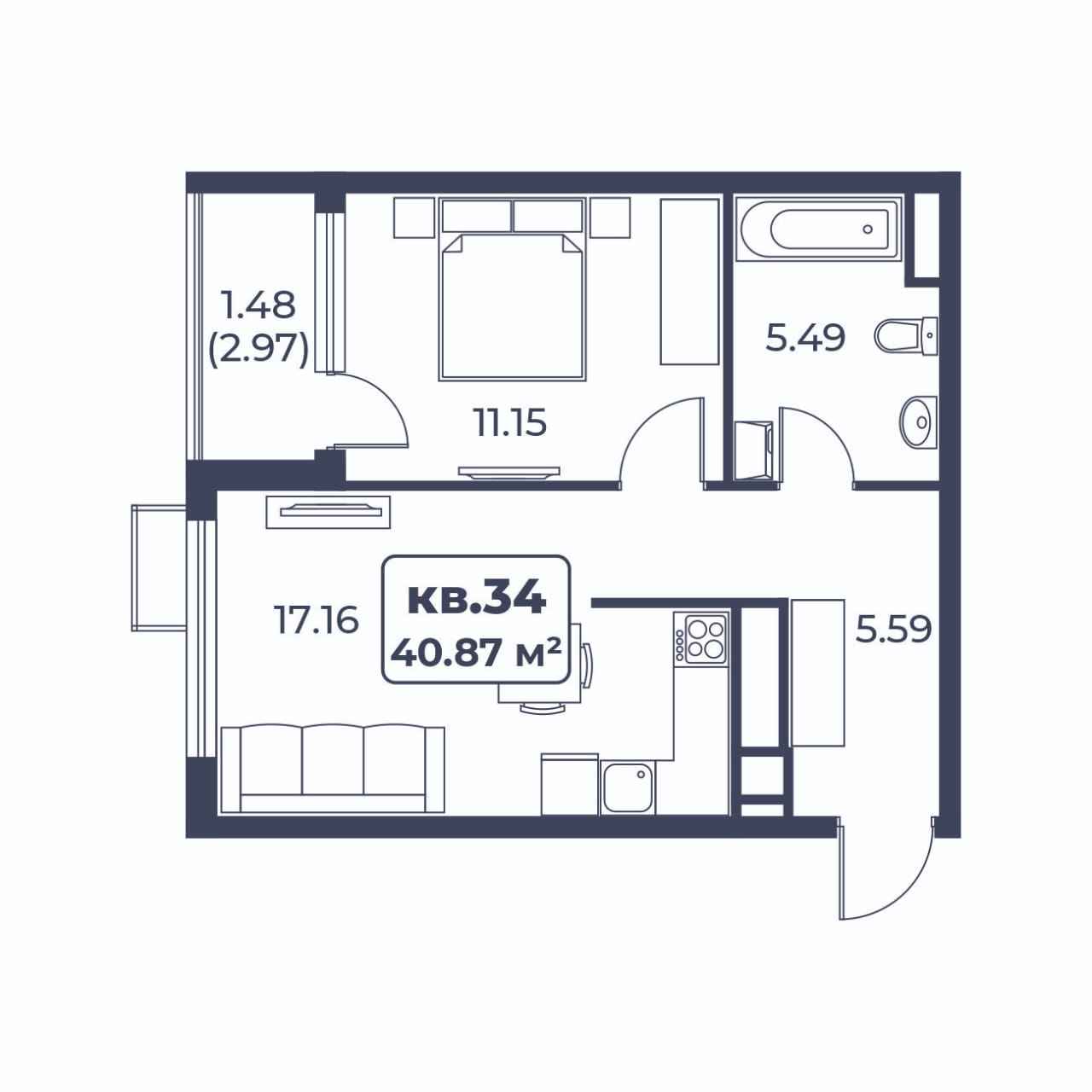 Планировка: 1-комнатная · 40,87 м²