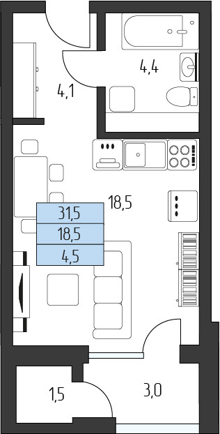 Планировка: Студия · 28,95 м²