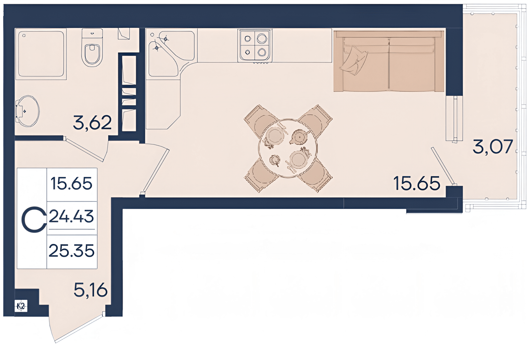 Планировка: Студия · 25,35 м²