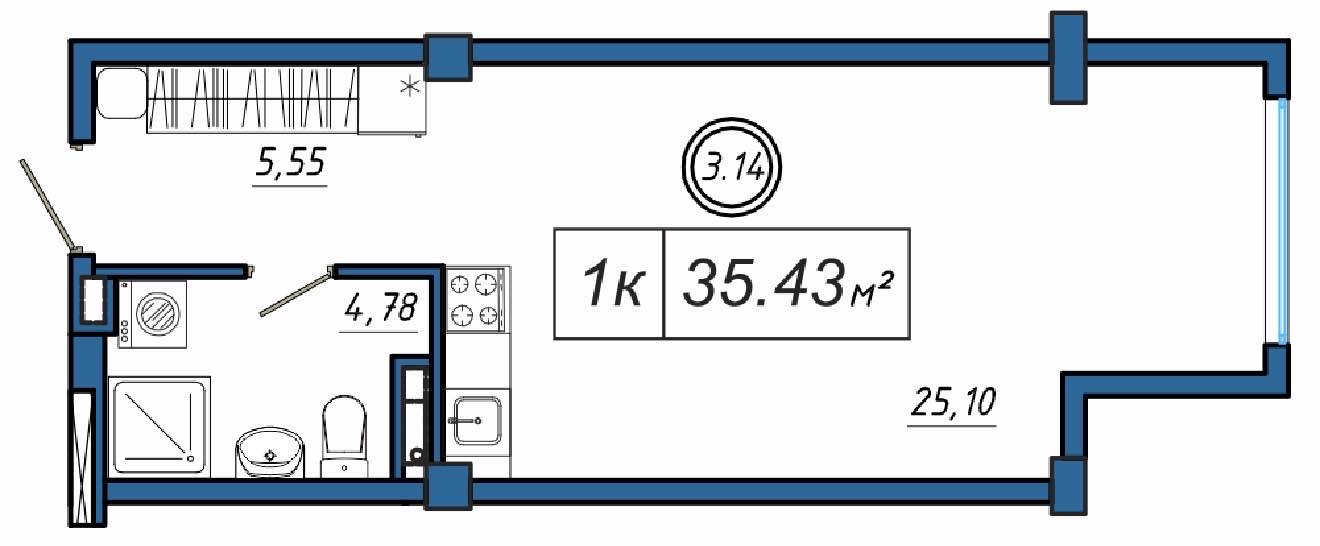 Планировка: 1-комнатная · 35,43 м²