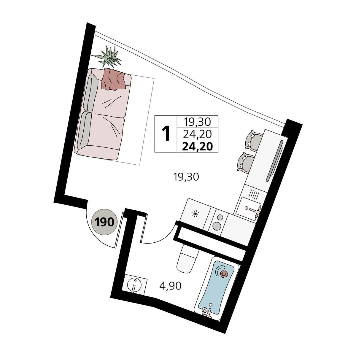 Планировка: 1-комнатная · 24,2 м²