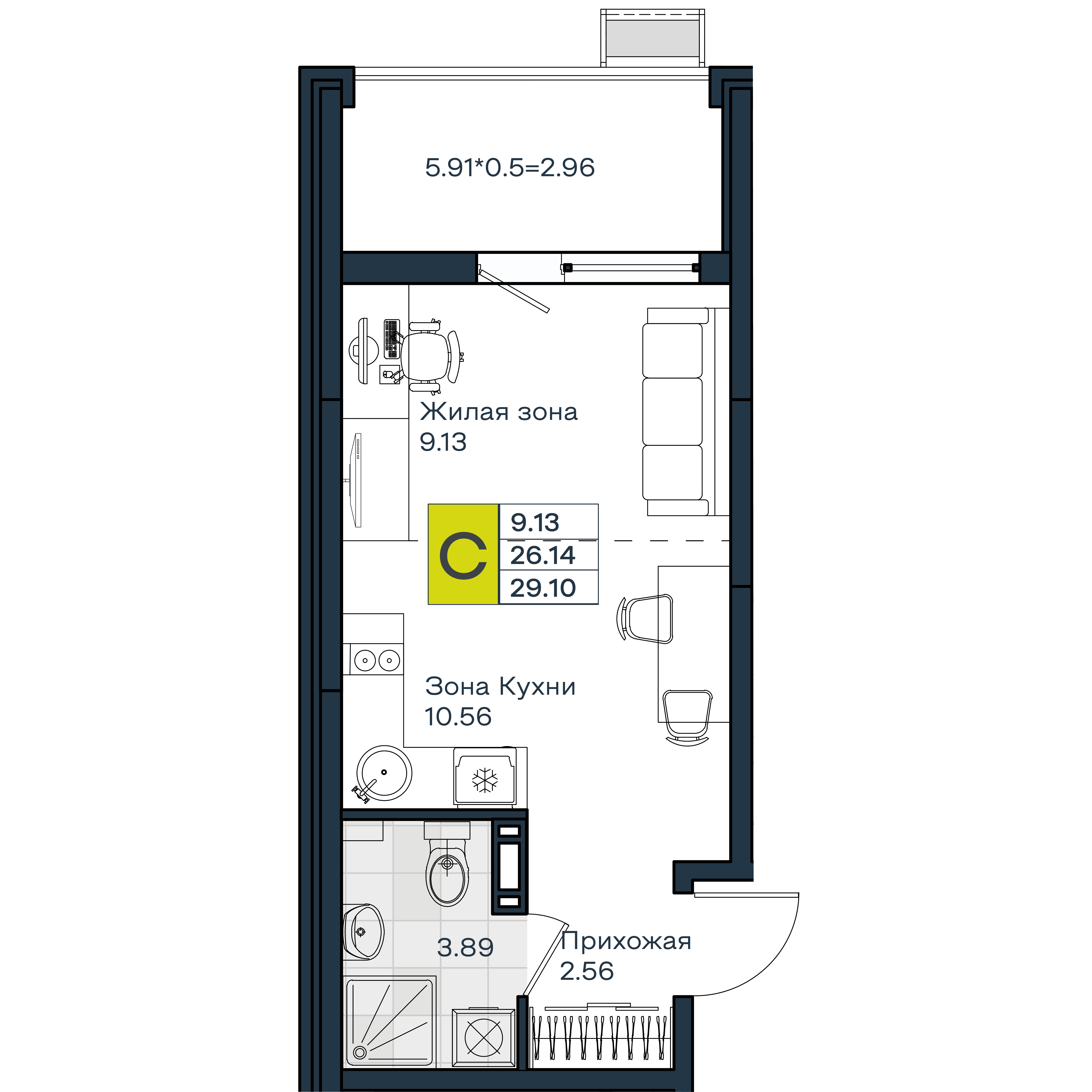 Планировка: Студия · 29,1 м²