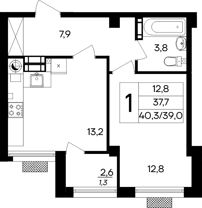 Планировка: 1-комнатная · 40,3 м²