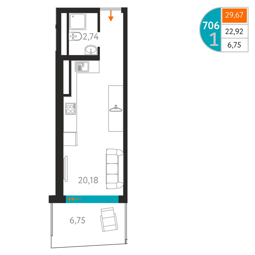 Планировка: Апартаменты · 29,67 м²