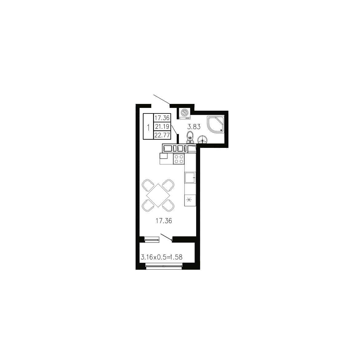Планировка: Студия · 22,77 м²