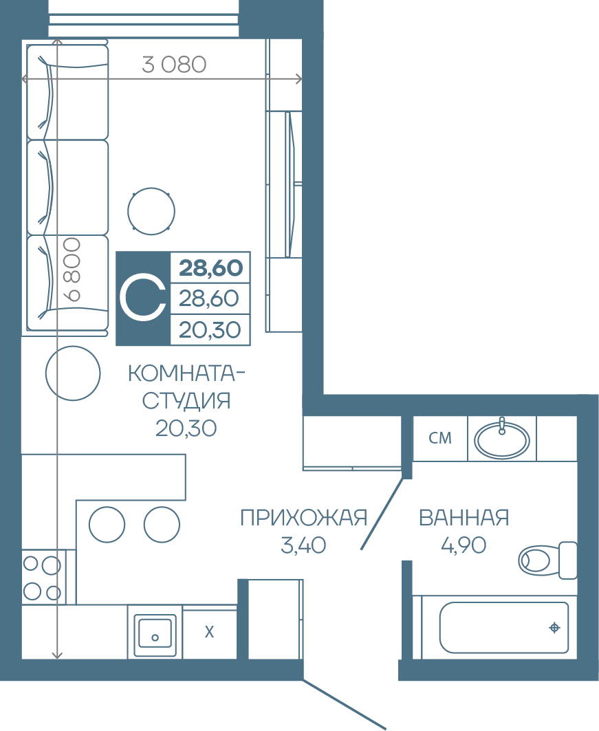 Планировка: Студия · 28,6 м²