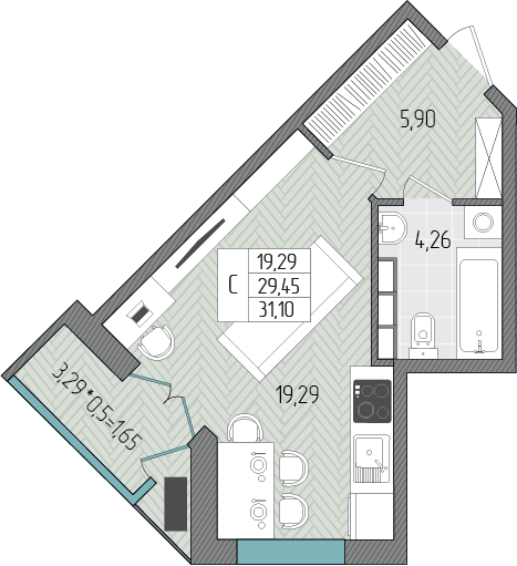 Планировка: Студия · 31,1 м²