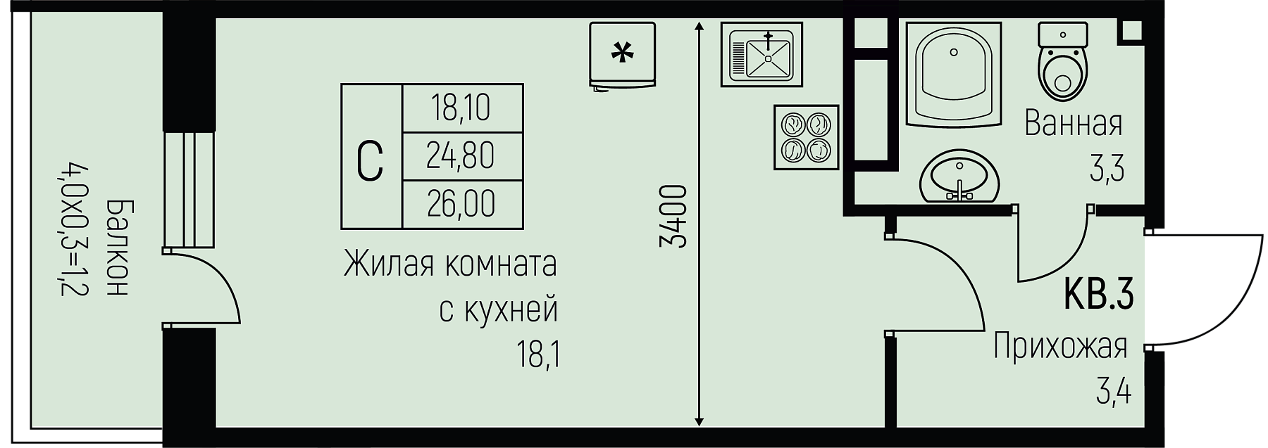 Планировка: Студия · 26 м²