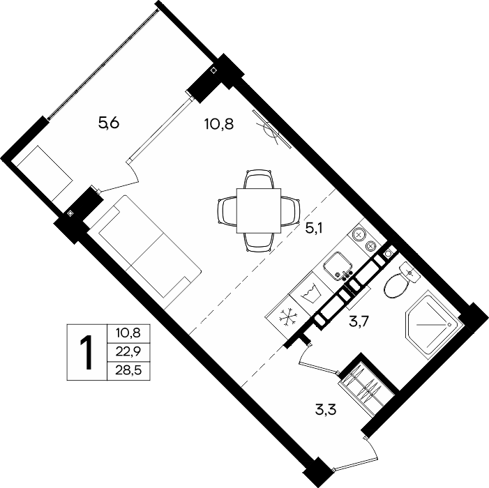 Планировка: 1-комнатная · 28,5 м²