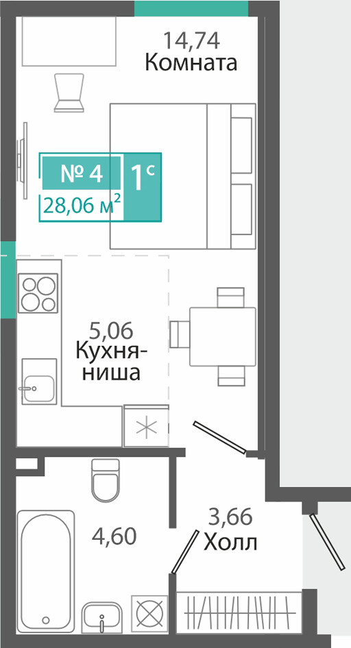Планировка: 1-комнатная · 28,06 м²