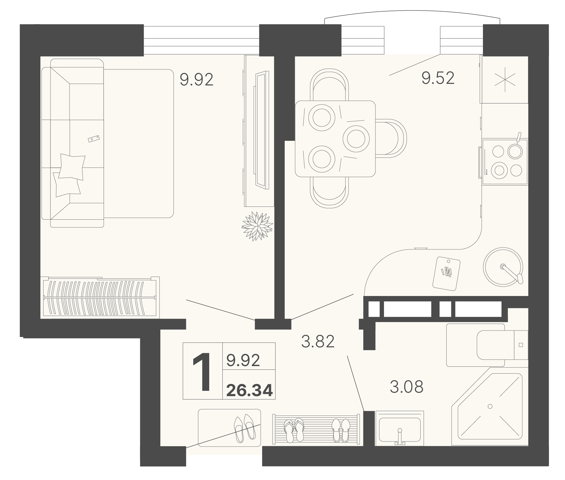 Планировка: 1-комнатная · 26,34 м²