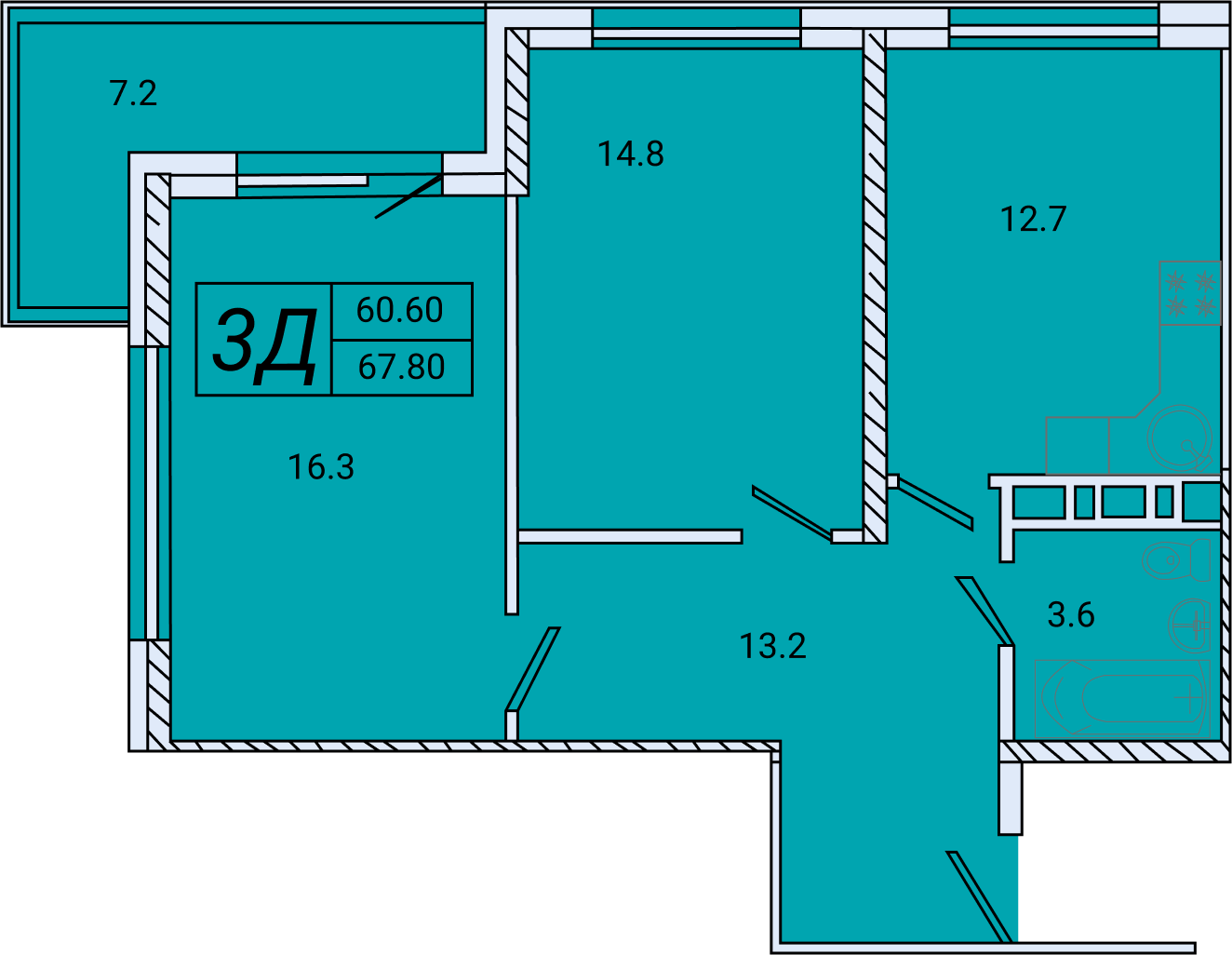 Планировка: 2-комнатная · 67,8 м²