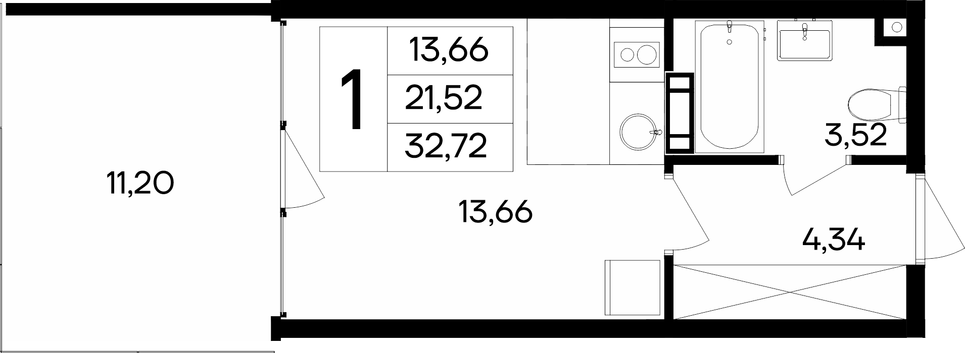 Планировка: Студия · 32,72 м²
