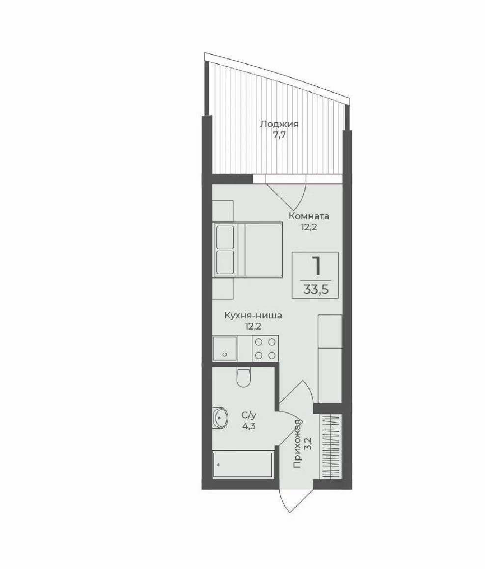 Планировка: 1-комнатная · 33,5 м²
