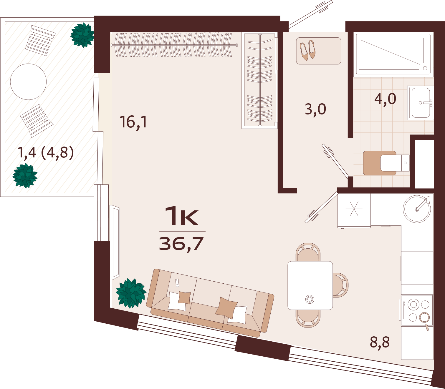 Планировка: 1-комнатная · 36,7 м²