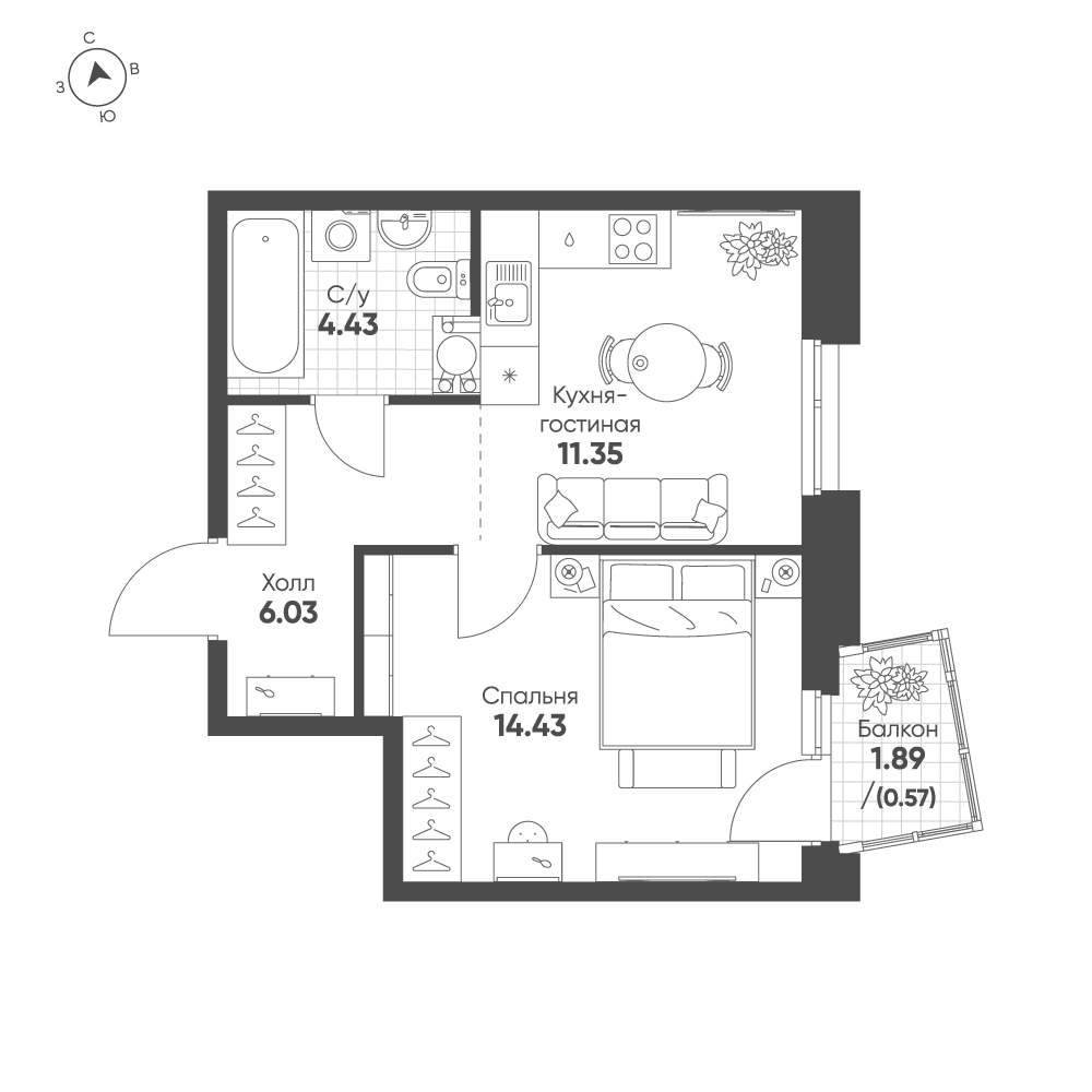 Планировка: 1-комнатная · 36,81 м²
