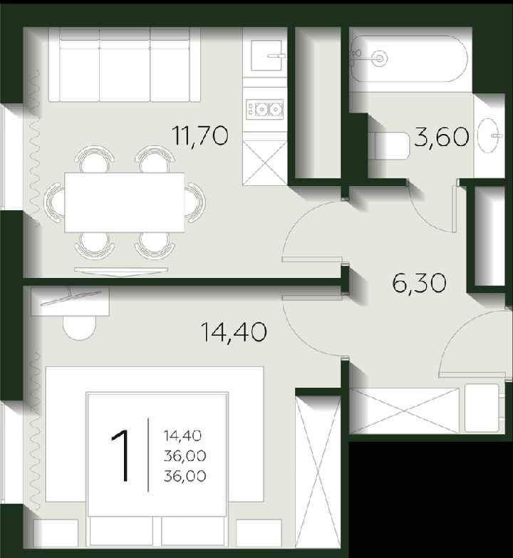 Планировка: 1-комнатная · 36 м²