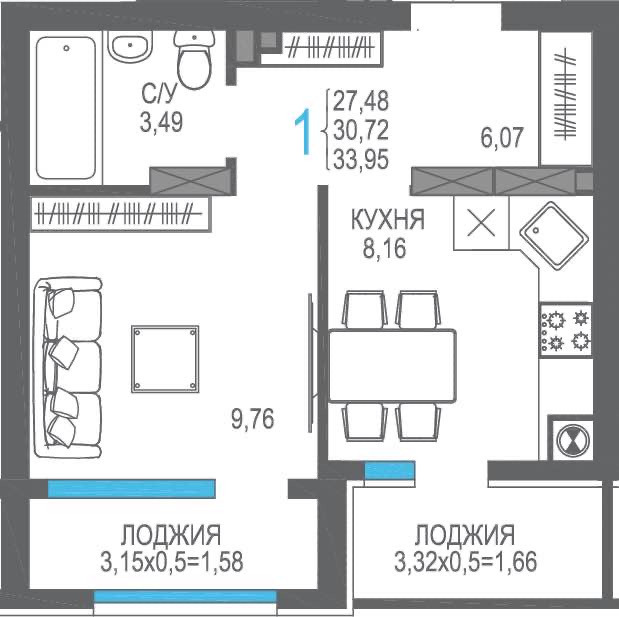 Планировка: 1-комнатная · 30,72 м²