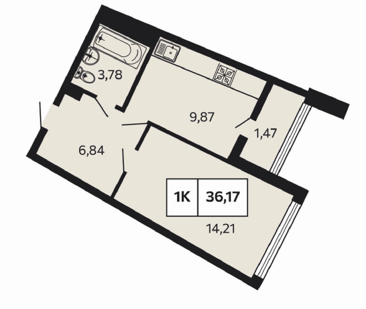 Планировка: 1-комнатная · 36,17 м²