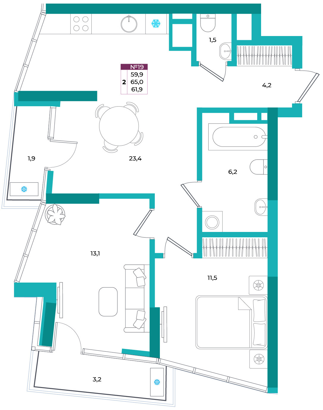 Планировка: 2-комнатная · 61,9 м²
