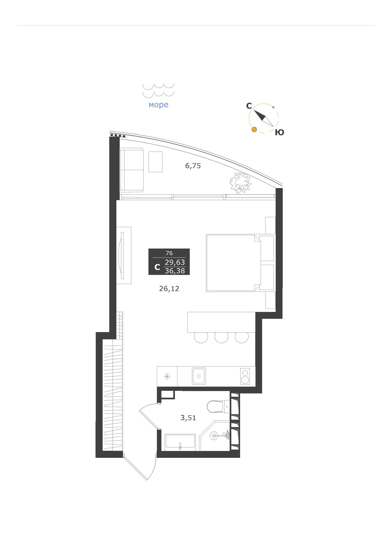 Планировка: Студия · 36,38 м²