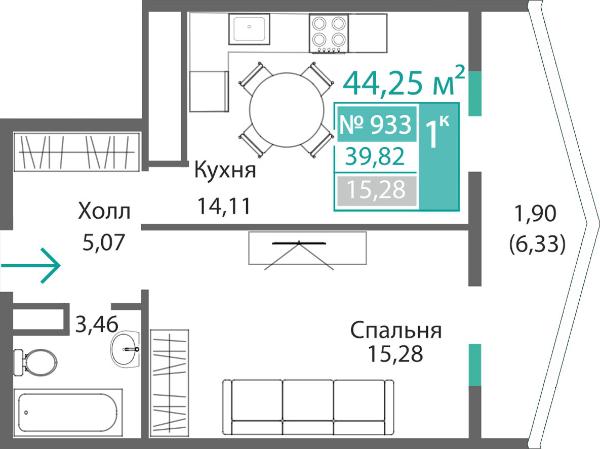 Планировка: 1-комнатная · 39,82 м²