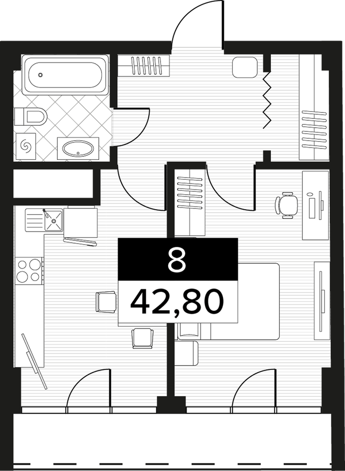 Планировка: Апартаменты · 42,8 м²