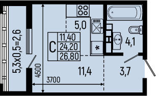 Планировка: Студия · 26,8 м²