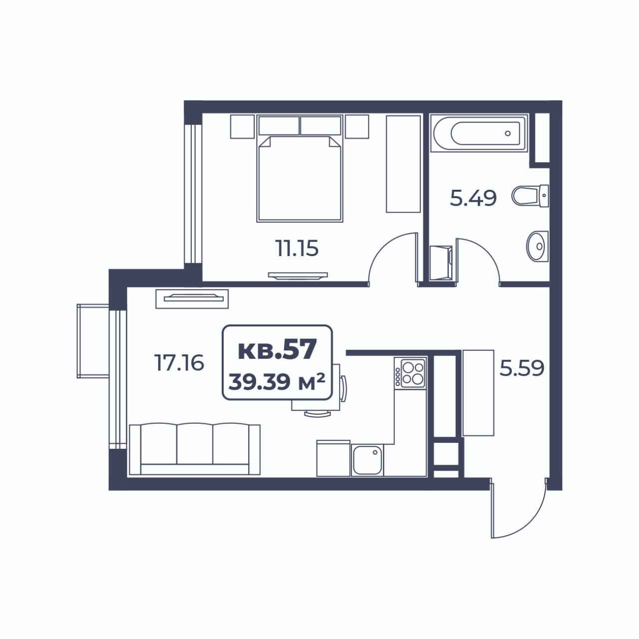 Планировка: 1-комнатная · 39,39 м²