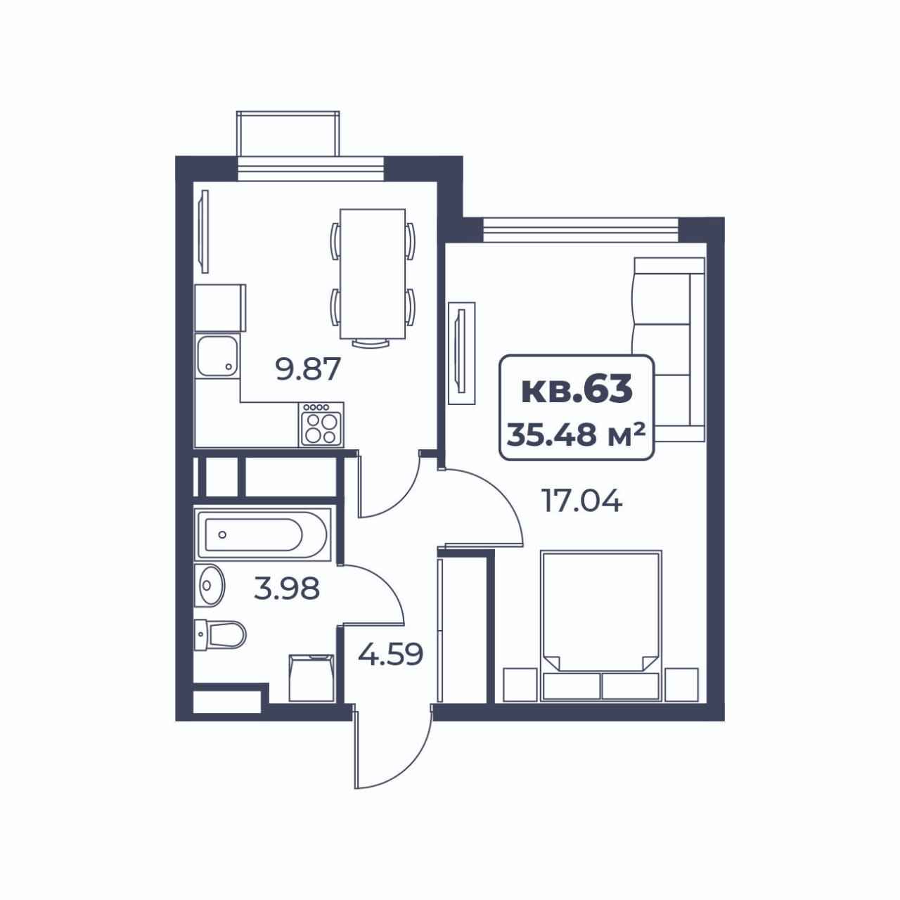 Планировка: 1-комнатная · 35,48 м²