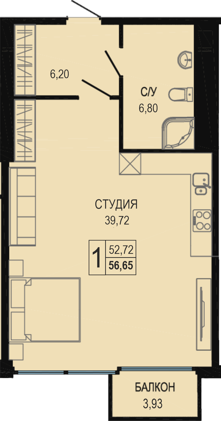 Планировка: Апартаменты · 56,8 м²