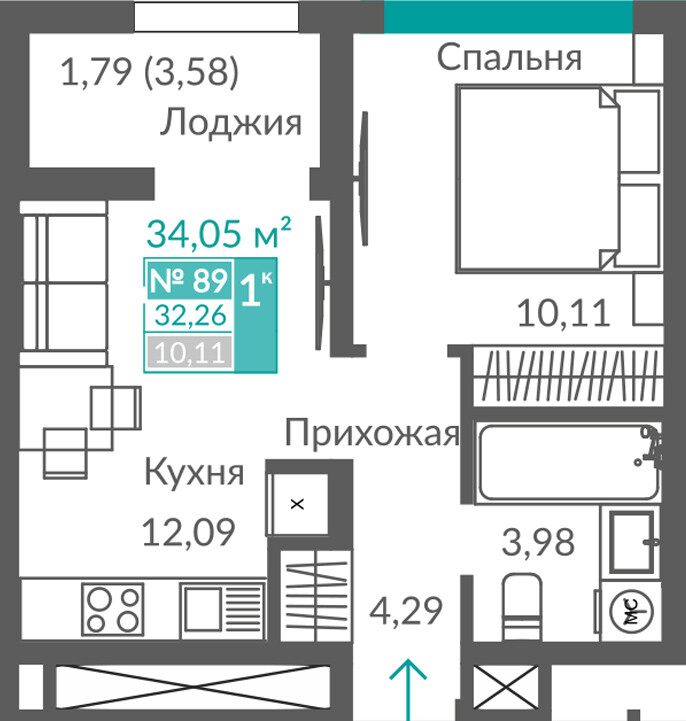 Планировка: 1-комнатная · 32,26 м²