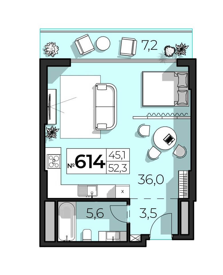 Планировка: 2-комнатная · 52,3 м²